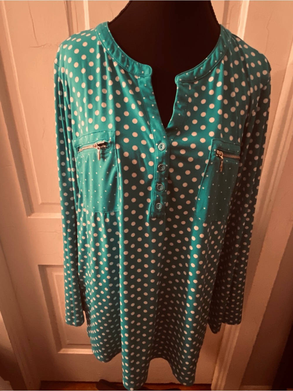 Susan Graver Teal and White Polka Dot Long-Sleeve Blouse